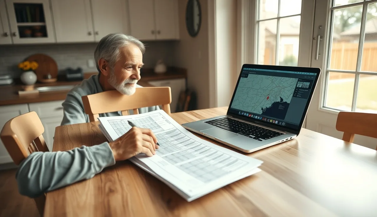 Homeowner reviewing property assessment ratio spreadsheets at kitchen table for equity appeal