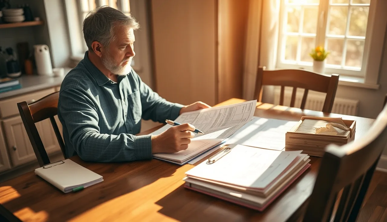 Homeowner reviewing property tax assessment paperwork at kitchen table without a lawyer