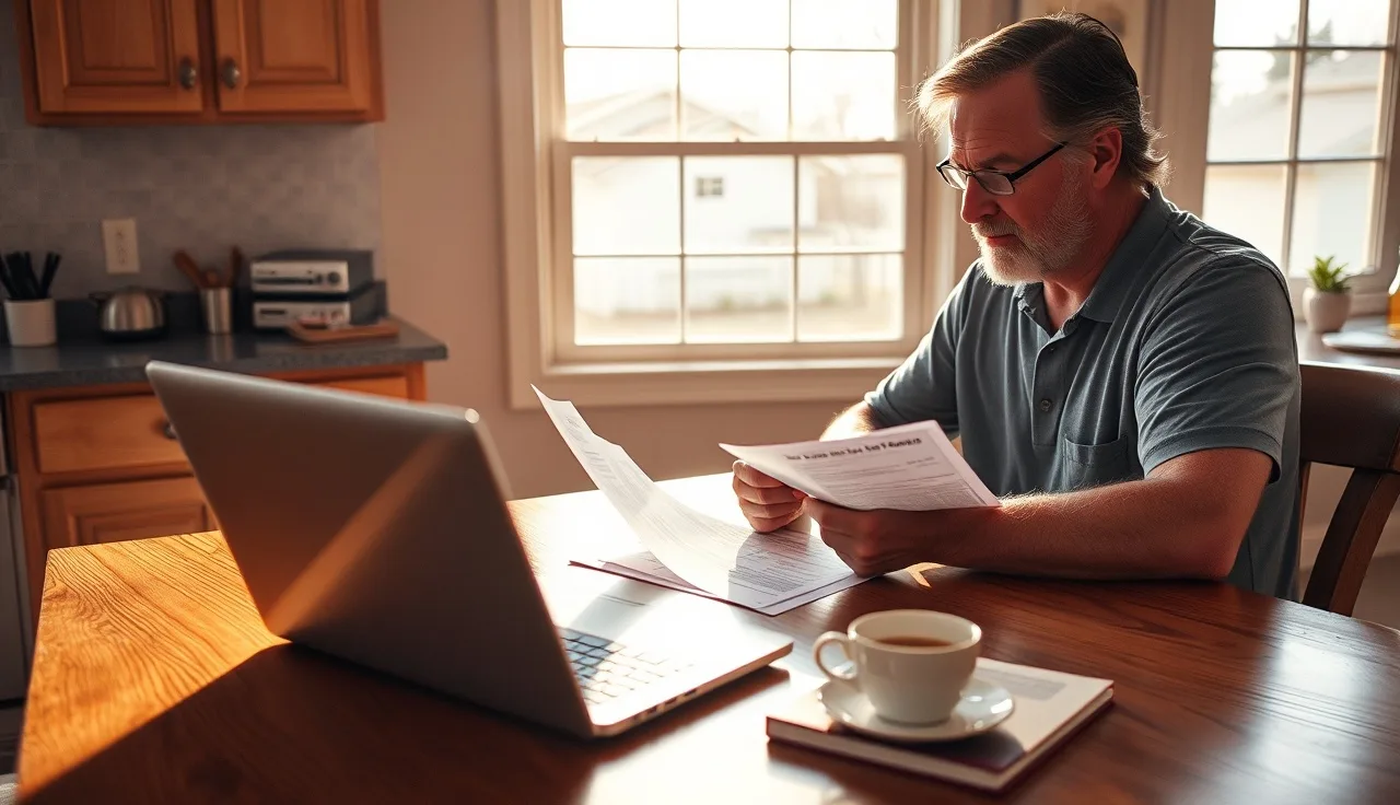 Homeowner reviewing property tax documents at kitchen table to file protest