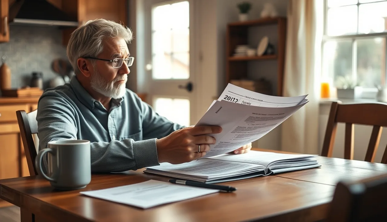 Homeowner reviewing property assessment papers at a kitchen table in morning light
