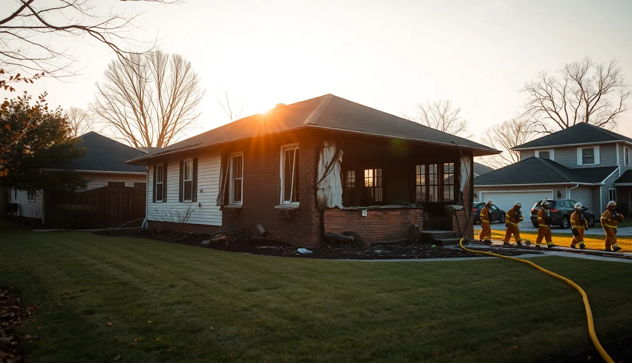Damaged home exterior with burned wall after a wildfire in a residential neighborhood