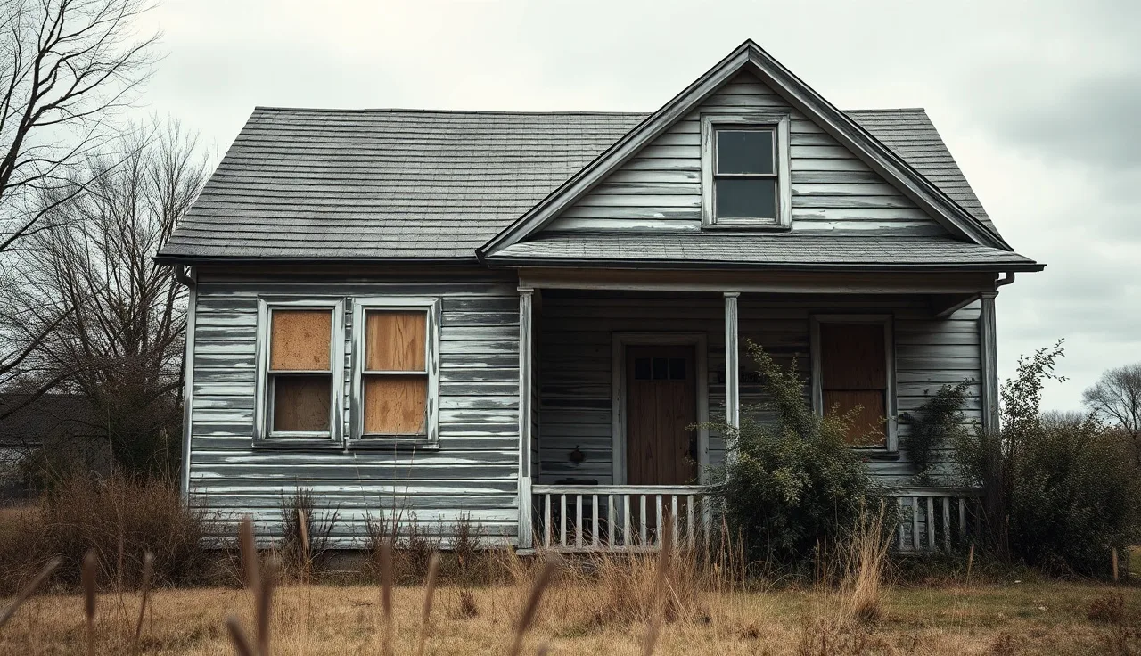 Condemned wood-frame house with boarded windows and overgrown yard on cloudy day