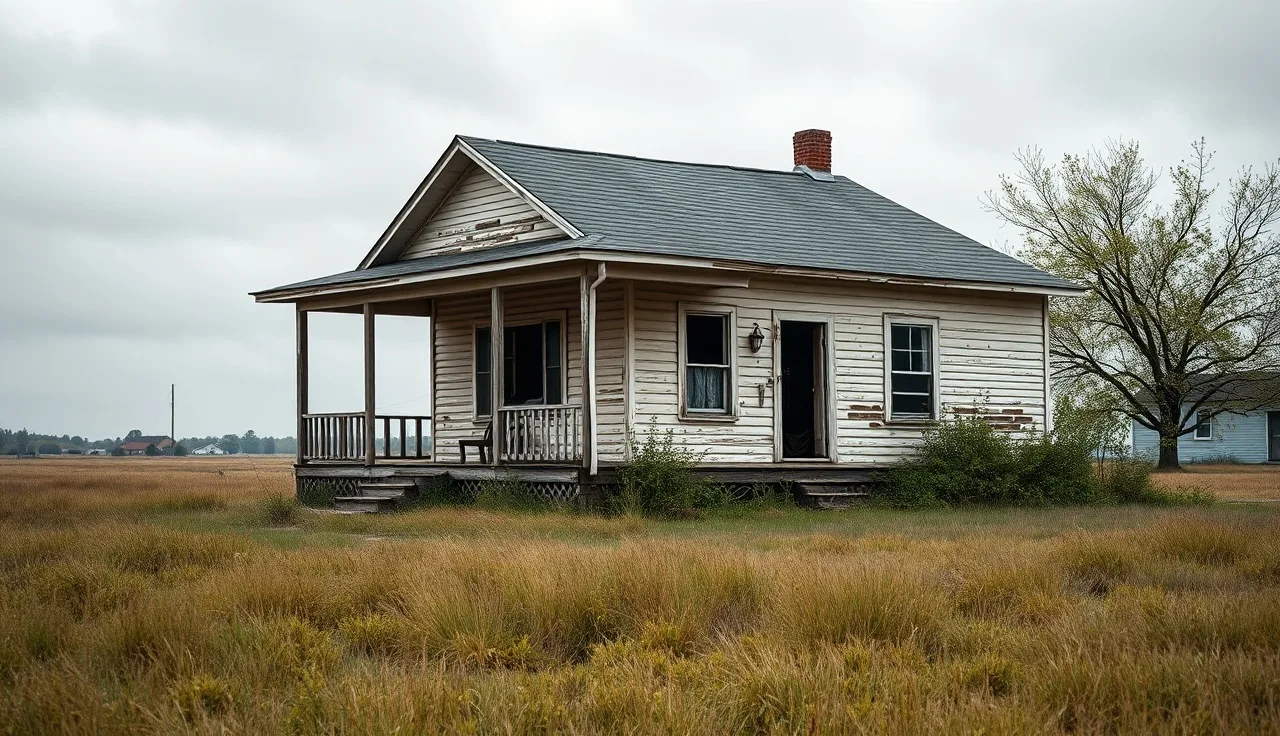 Collapsed porch and broken windows on a dilapidated teardown house on a cloudy morning