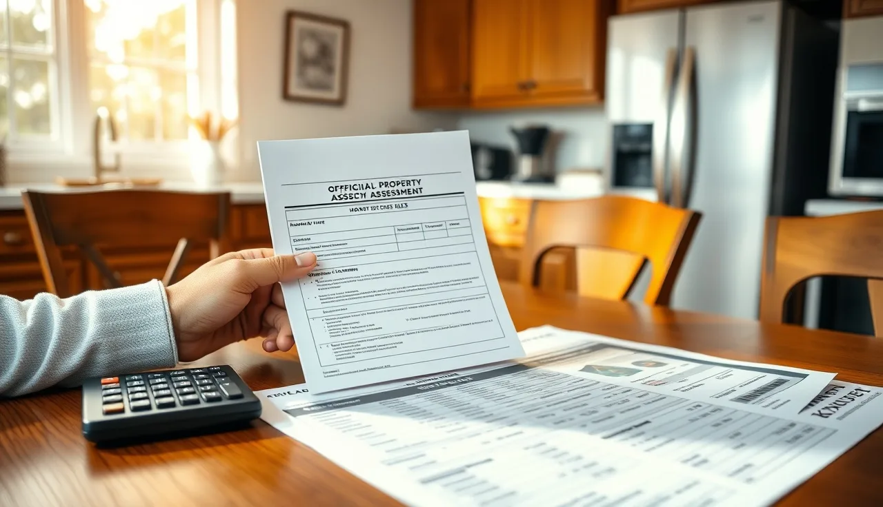 Homeowner reviewing property tax assessment notice at kitchen table with calculator