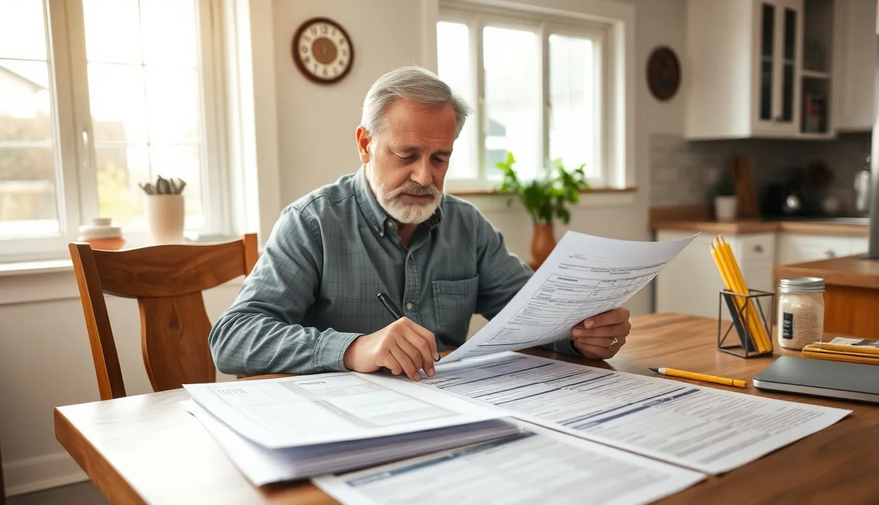 Homeowner reviewing property records and building permit documents at kitchen table