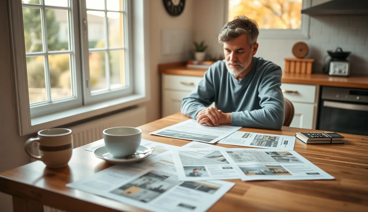 Homeowner reviewing property assessment documents at a kitchen table in morning light