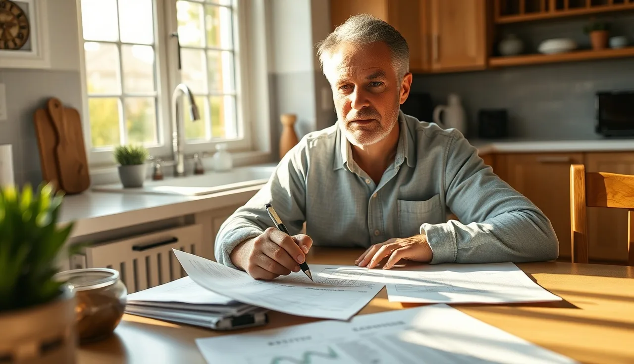 Homeowner calmly reviewing property tax appeal evidence at a kitchen table