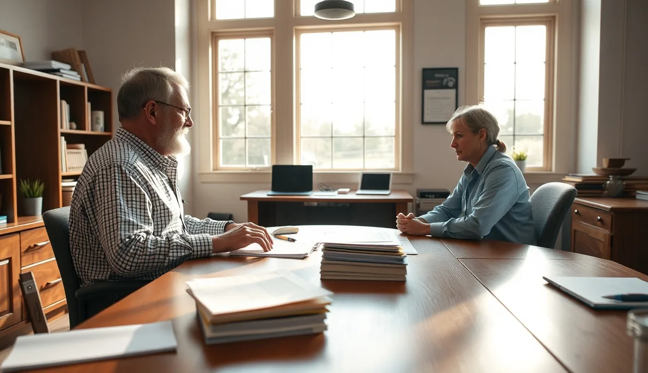 Homeowner in conversation with a county assessor at a wooden office desk