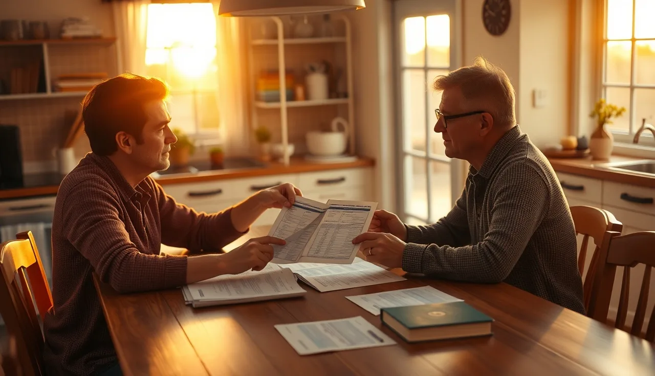 Two people at a kitchen table reviewing property tax documents during home sale negotiation