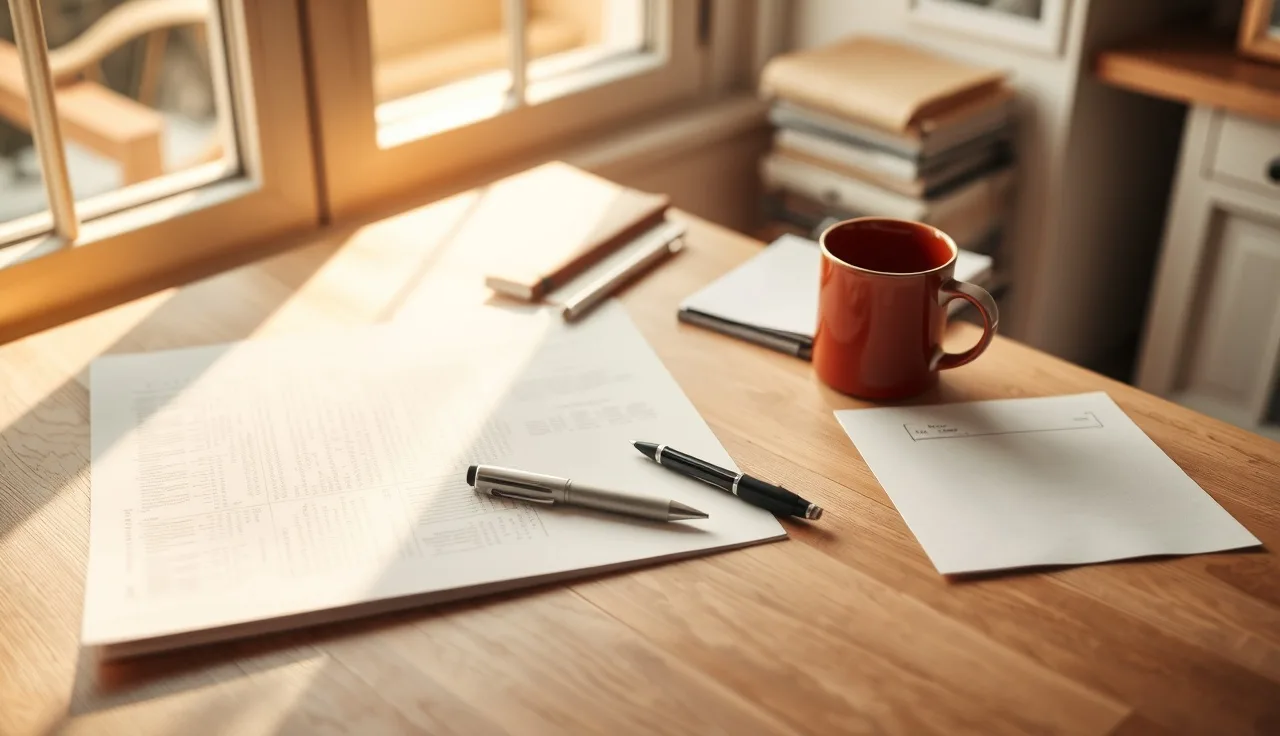Organized appeal papers and pen on a kitchen table for property tax appeal