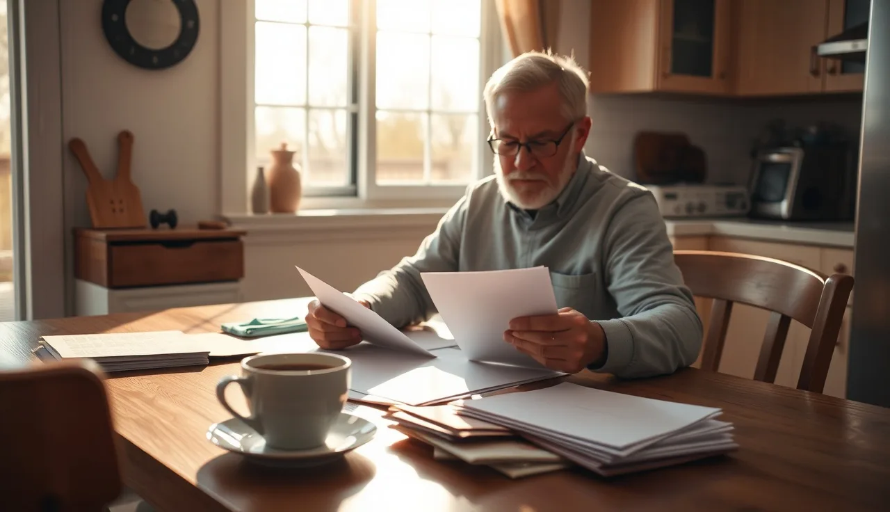 Homeowner reviewing property tax documents at a kitchen table for appeal