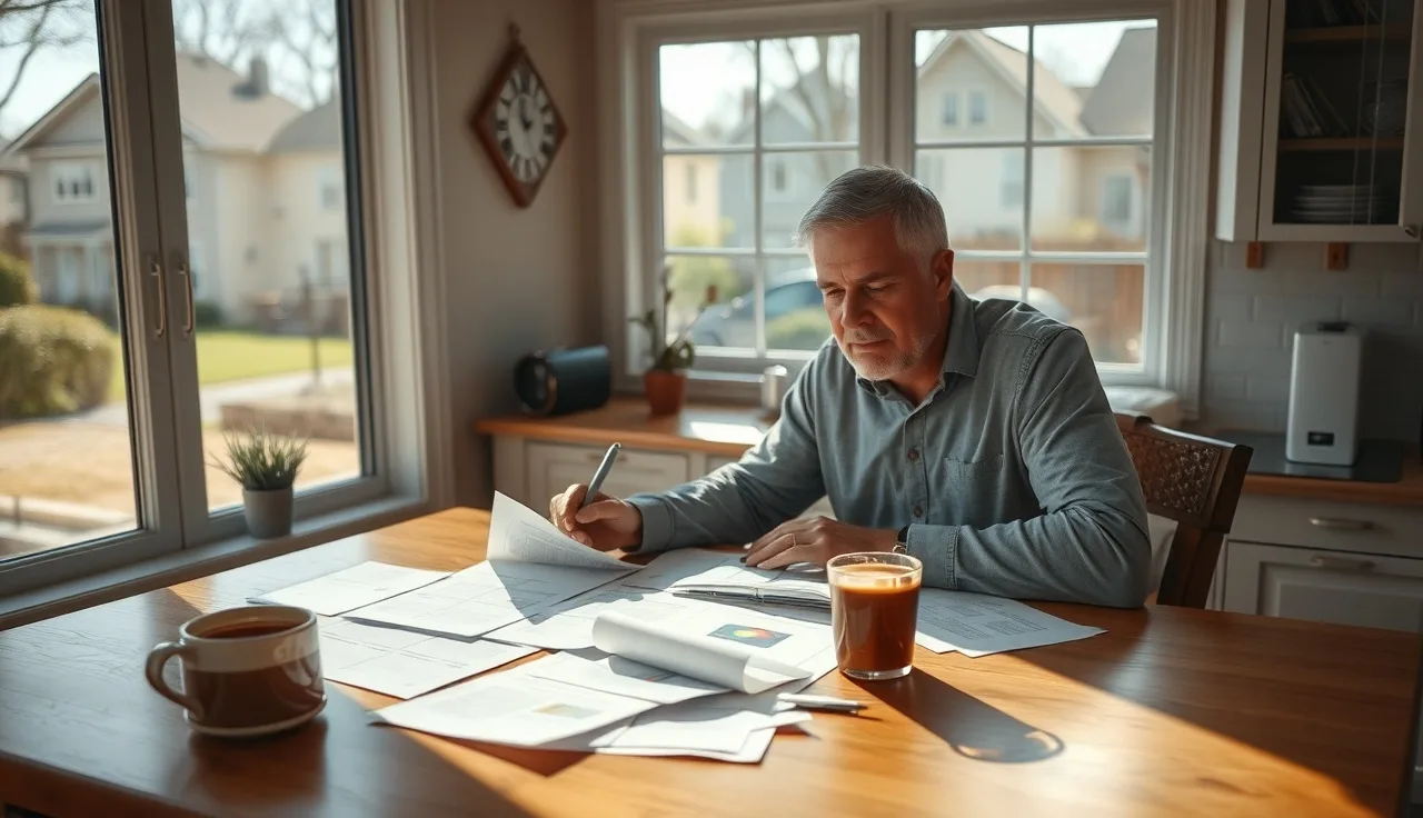 Homeowner reviewing property tax assessment documents at kitchen table, Chicago suburb visible outside