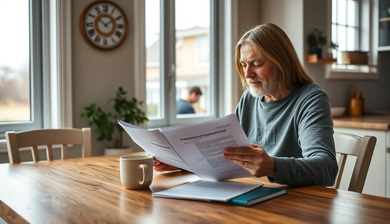 Homeowner reviewing property tax assessment documents at kitchen table after buying house