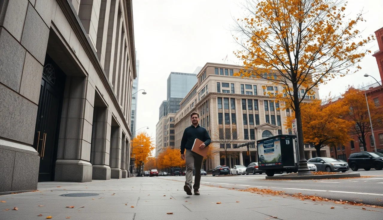 Person carrying documents walks toward a Boston government building during property tax appeal season