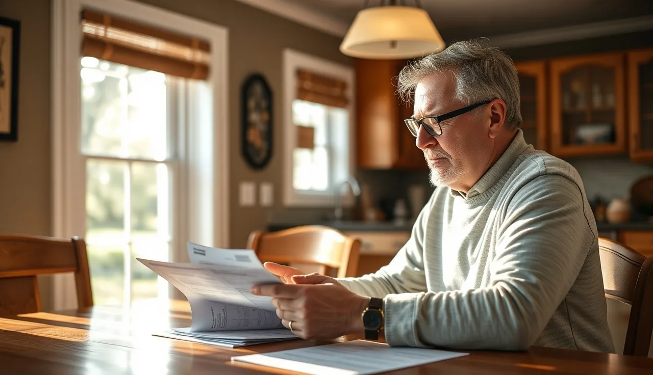 Homeowner reviewing property assessment documents at sunlit kitchen table