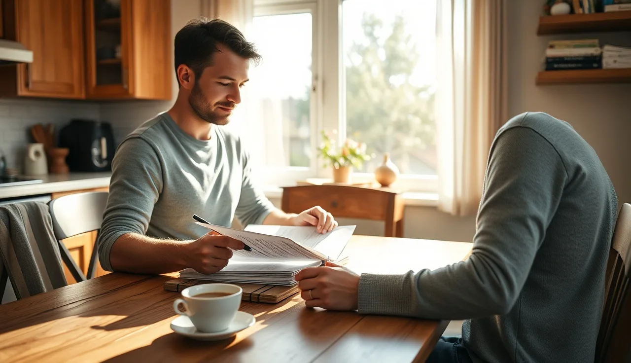 Homeowner reviewing property tax appeal documents at a kitchen table in morning light