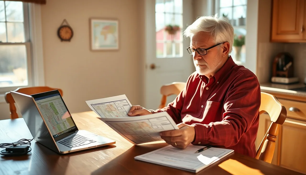 Homeowner reviewing property assessment documents at kitchen table for tax appeal