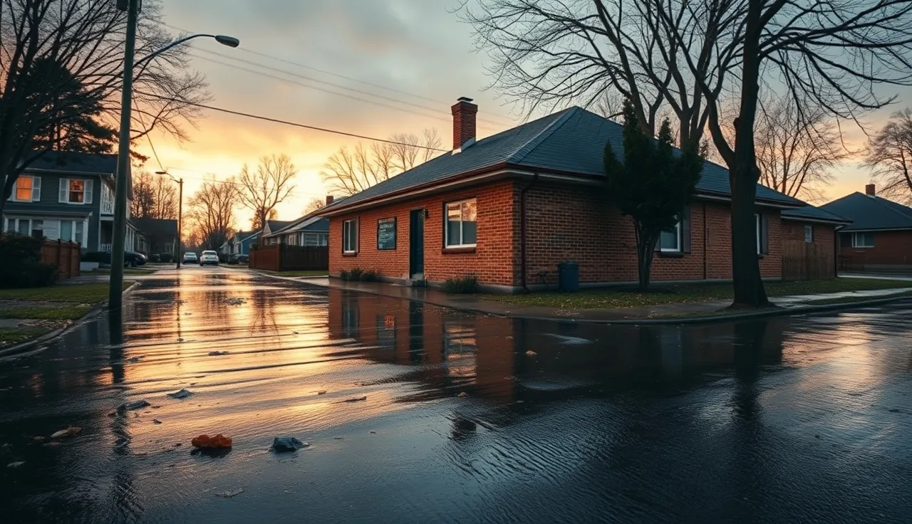 Flooded suburban street with waterline stain on a brick house after major neighborhood flood
