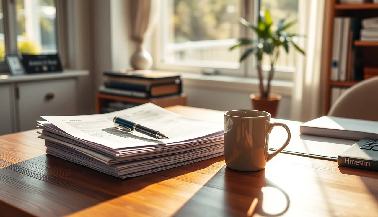 Stack of property assessment papers on a sunlit home desk with a pen