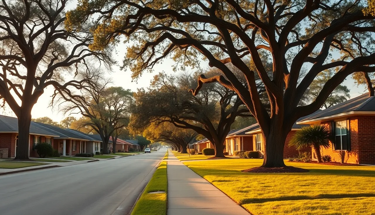 Fort Worth residential street with brick homes and oak trees in afternoon light