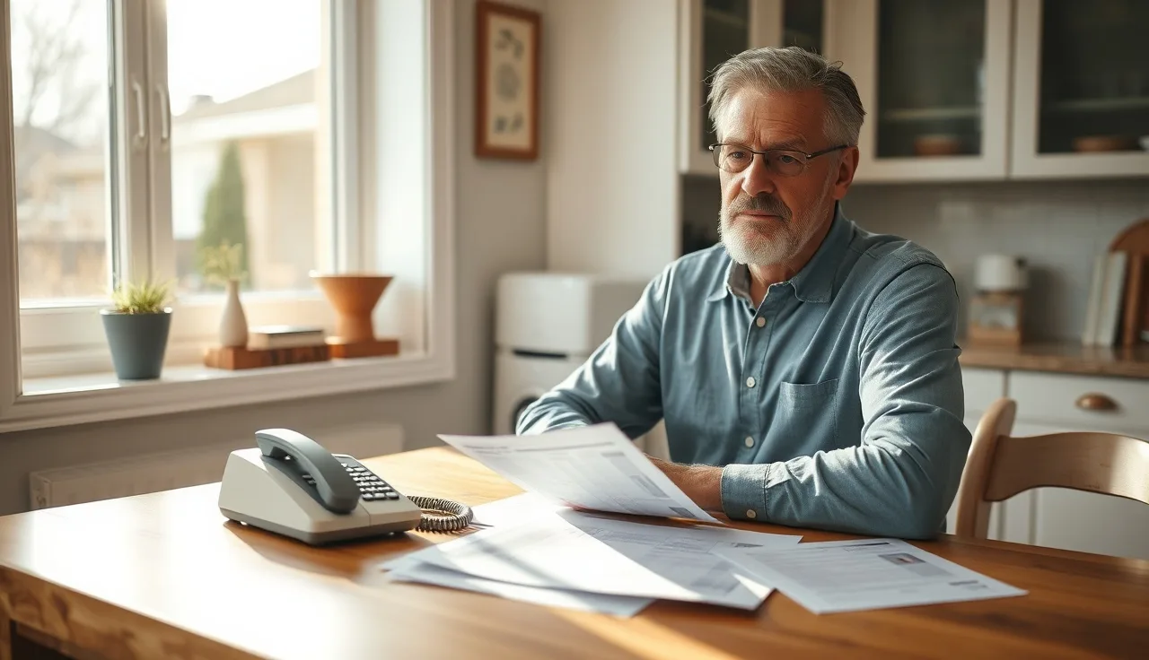 Homeowner reviewing printed documents at kitchen table before calling assessor's office