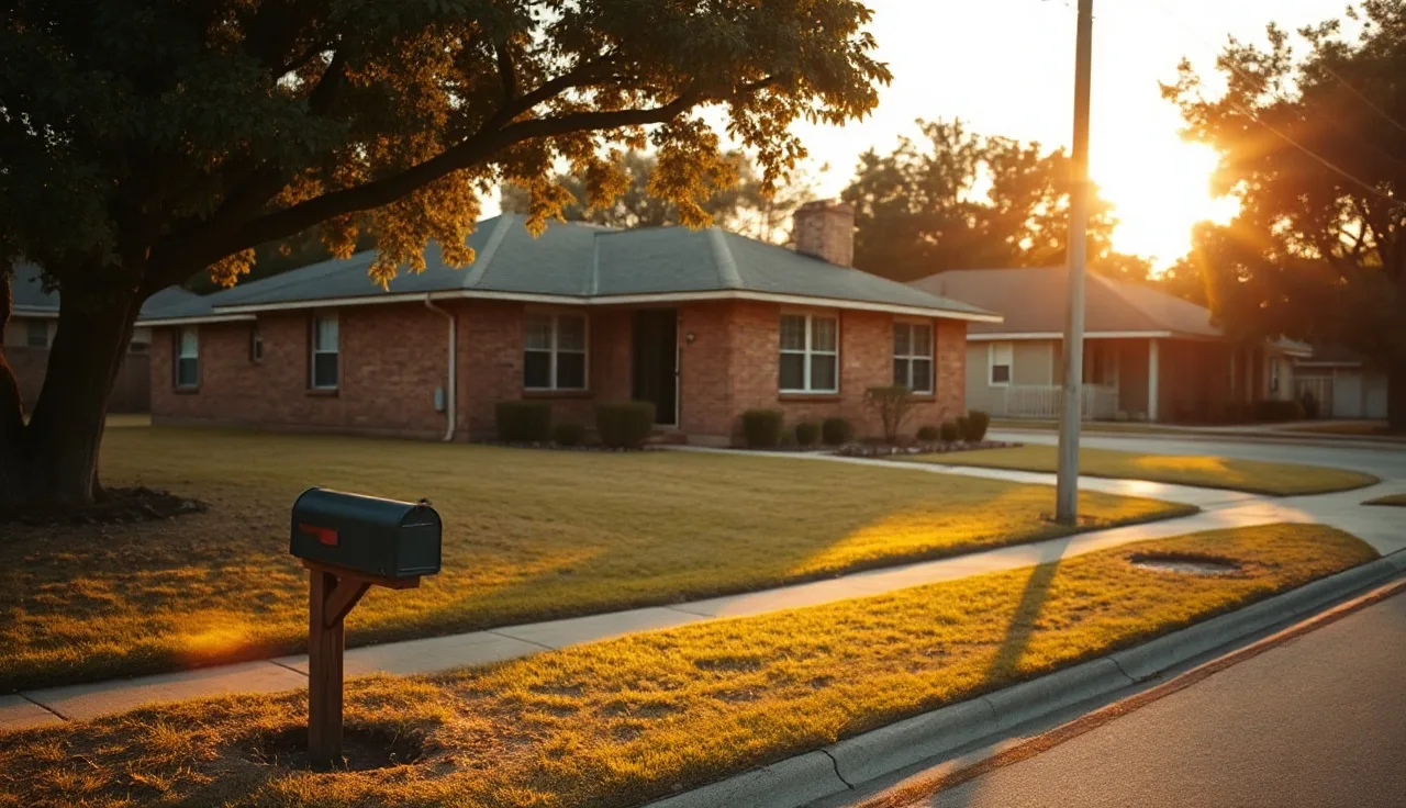Single-story brick home on a residential street in Orange County Texas at golden hour