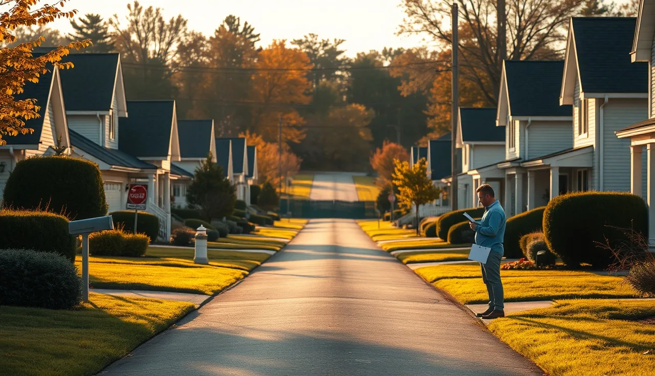 Homeowner reviewing a property tax assessment notice at a mailbox on a residential street