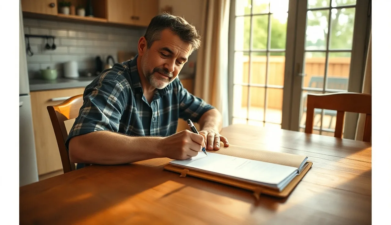 Homeowner writing a property tax protest letter at a kitchen table