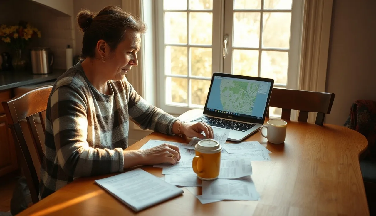 Homeowner reviewing property tax documents at kitchen table with laptop open