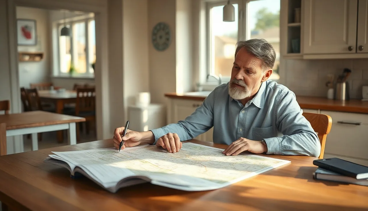 Homeowner reviewing property tax documents at kitchen table, preparing for appeal