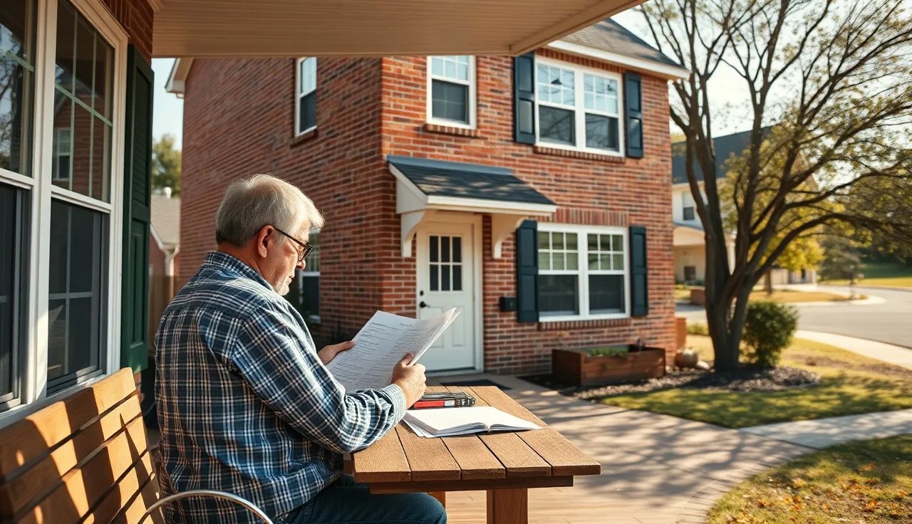 Homeowner reviewing property assessment documents at a porch table, classification error concept