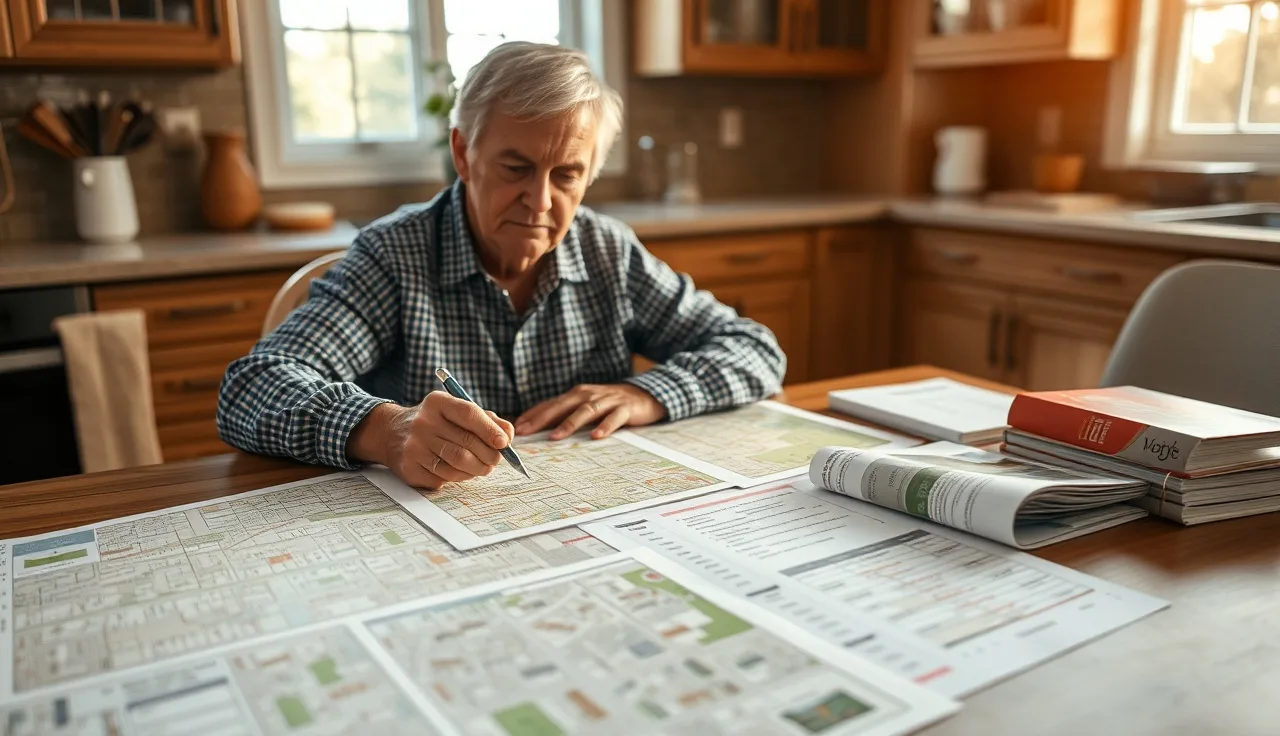 Homeowner reviewing property appeal documents and maps at a kitchen table
