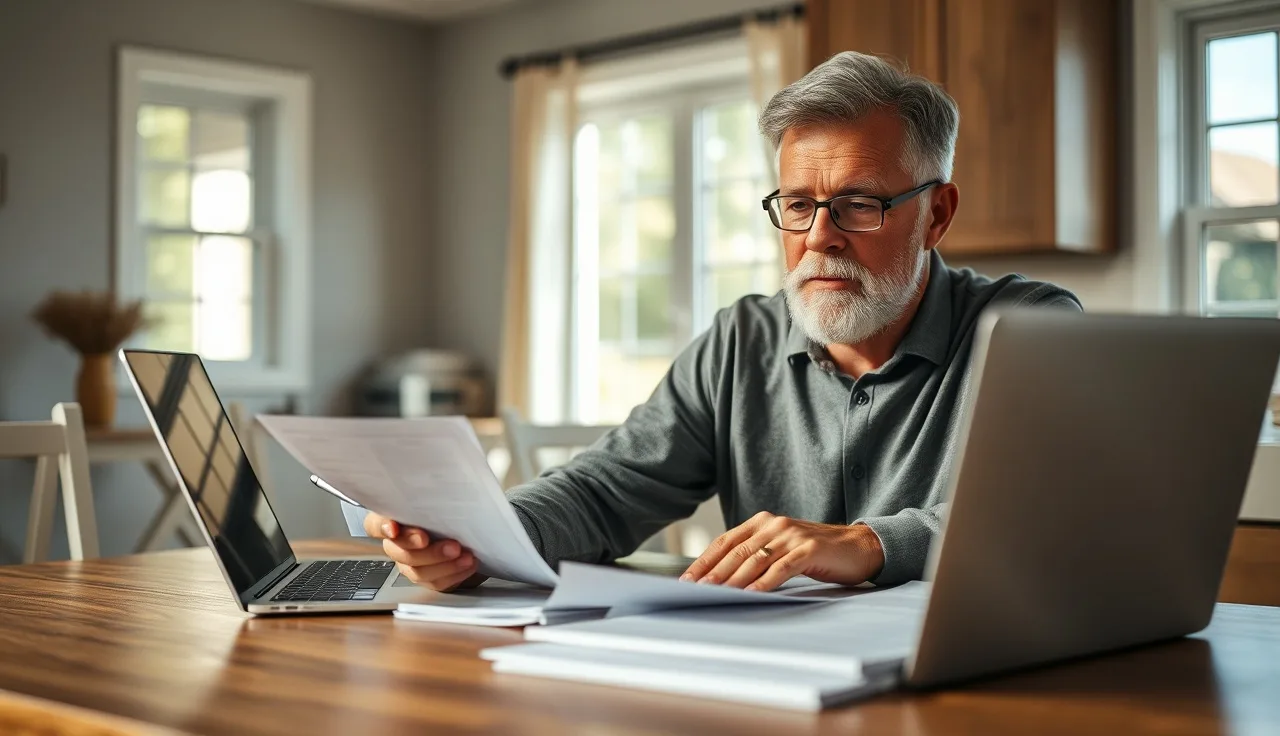 Homeowner reviewing property tax assessment documents at kitchen table