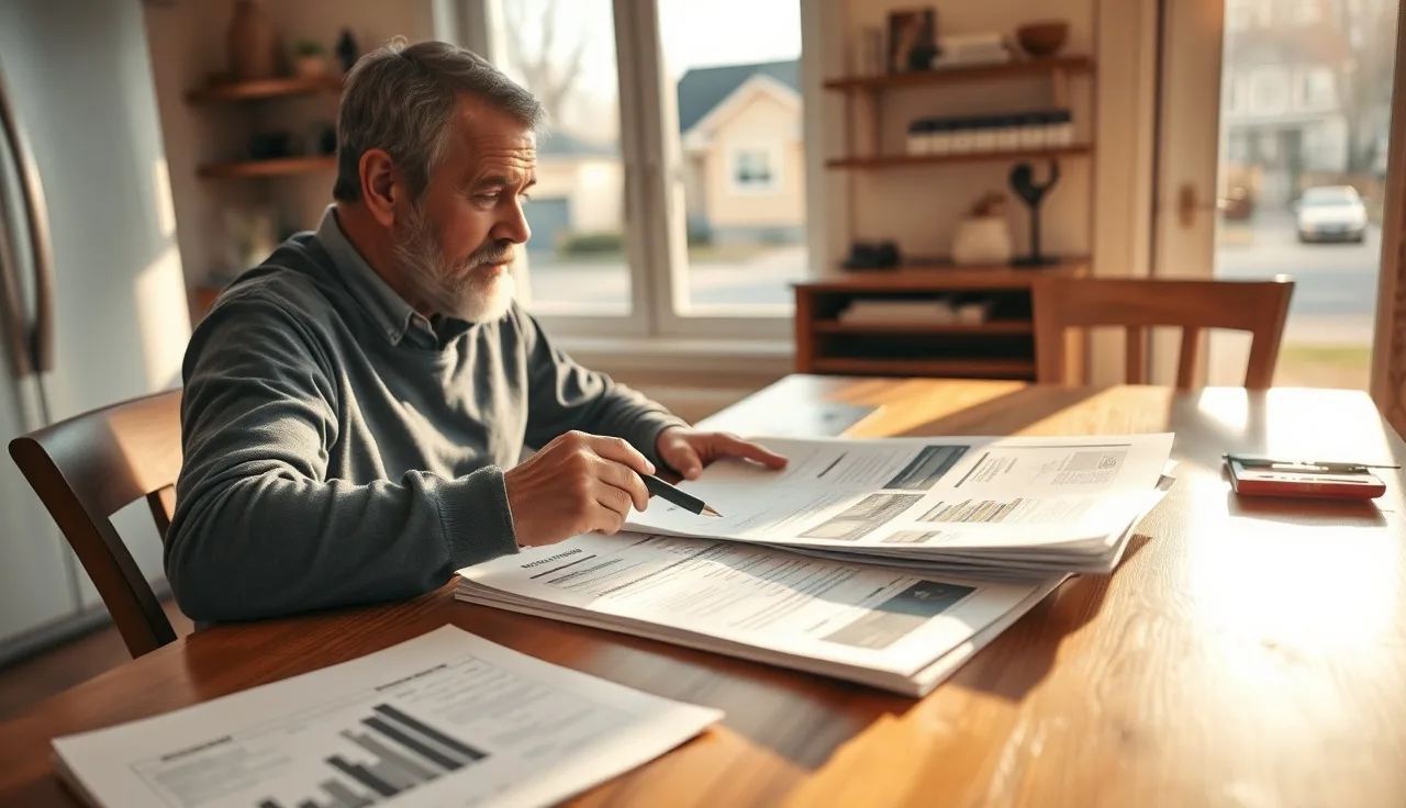 Homeowner reviewing property tax records at kitchen table before listing home