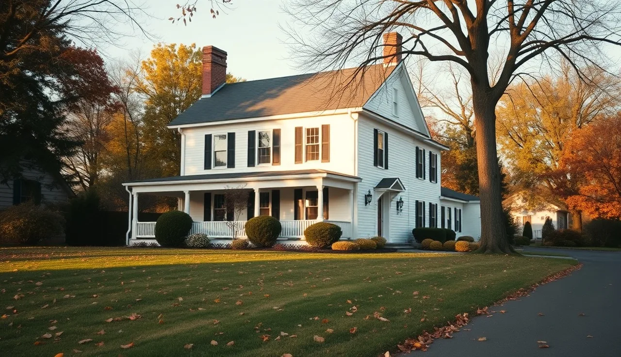 Colonial home on a Stamford Connecticut residential street in autumn afternoon light