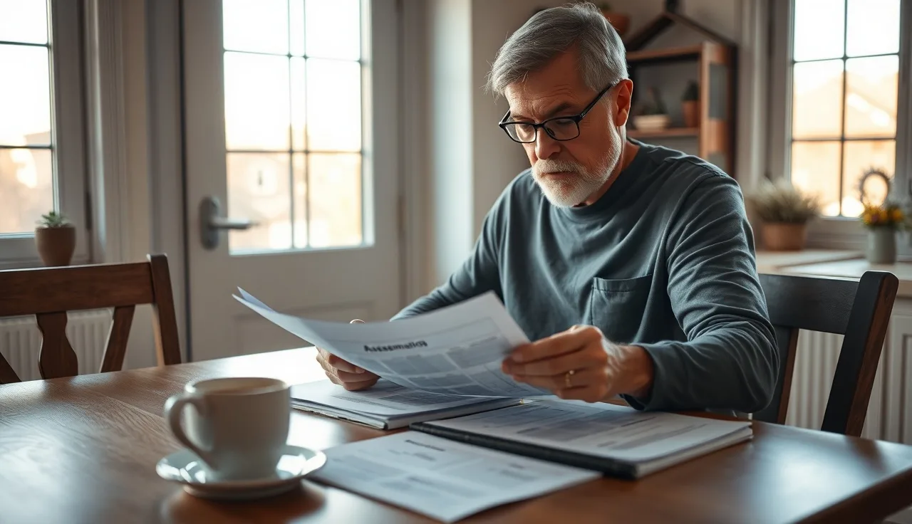 Homeowner reviewing property tax assessment papers at a kitchen table in morning light