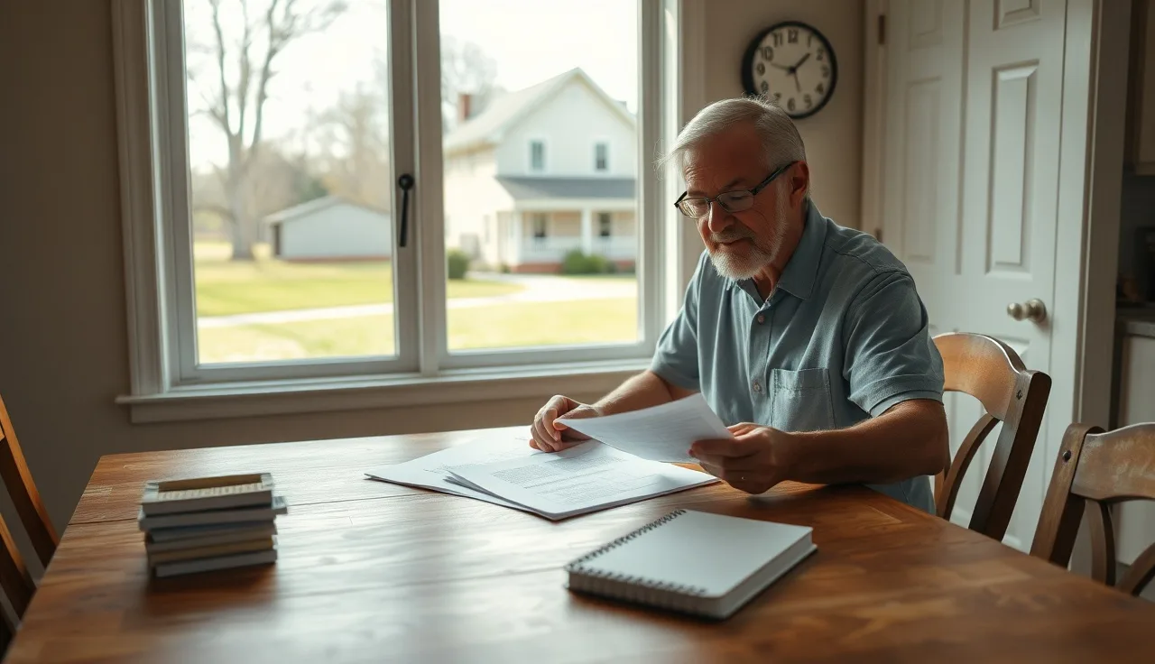 Homeowner reviewing property tax documents at kitchen table with house visible outside