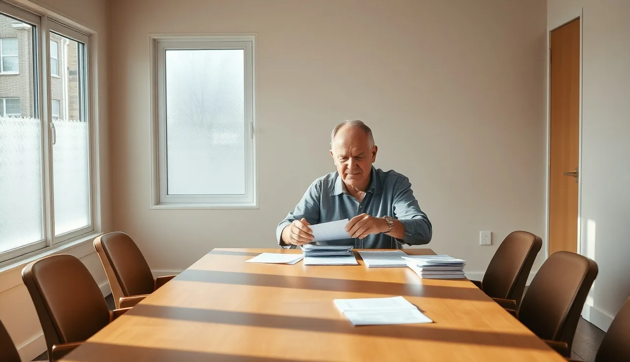Homeowner organizing evidence papers at a table before an ARB hearing