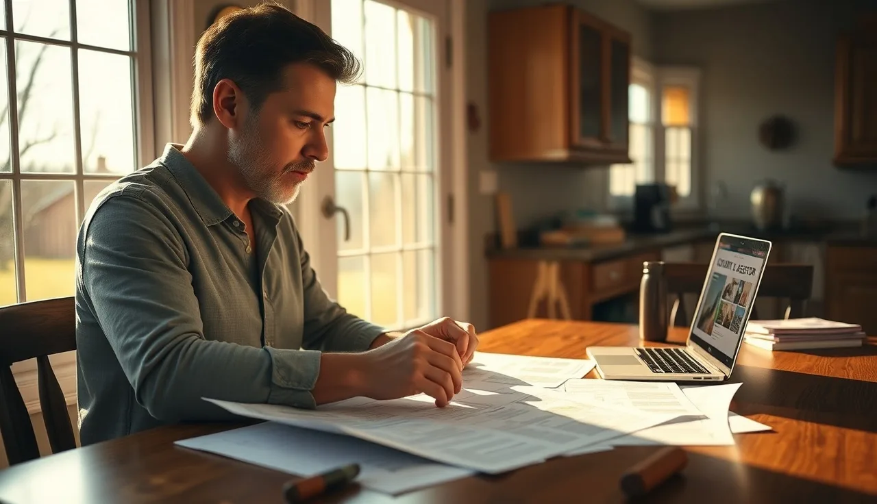 Homeowner reviewing property assessment records at kitchen table to prepare a tax appeal