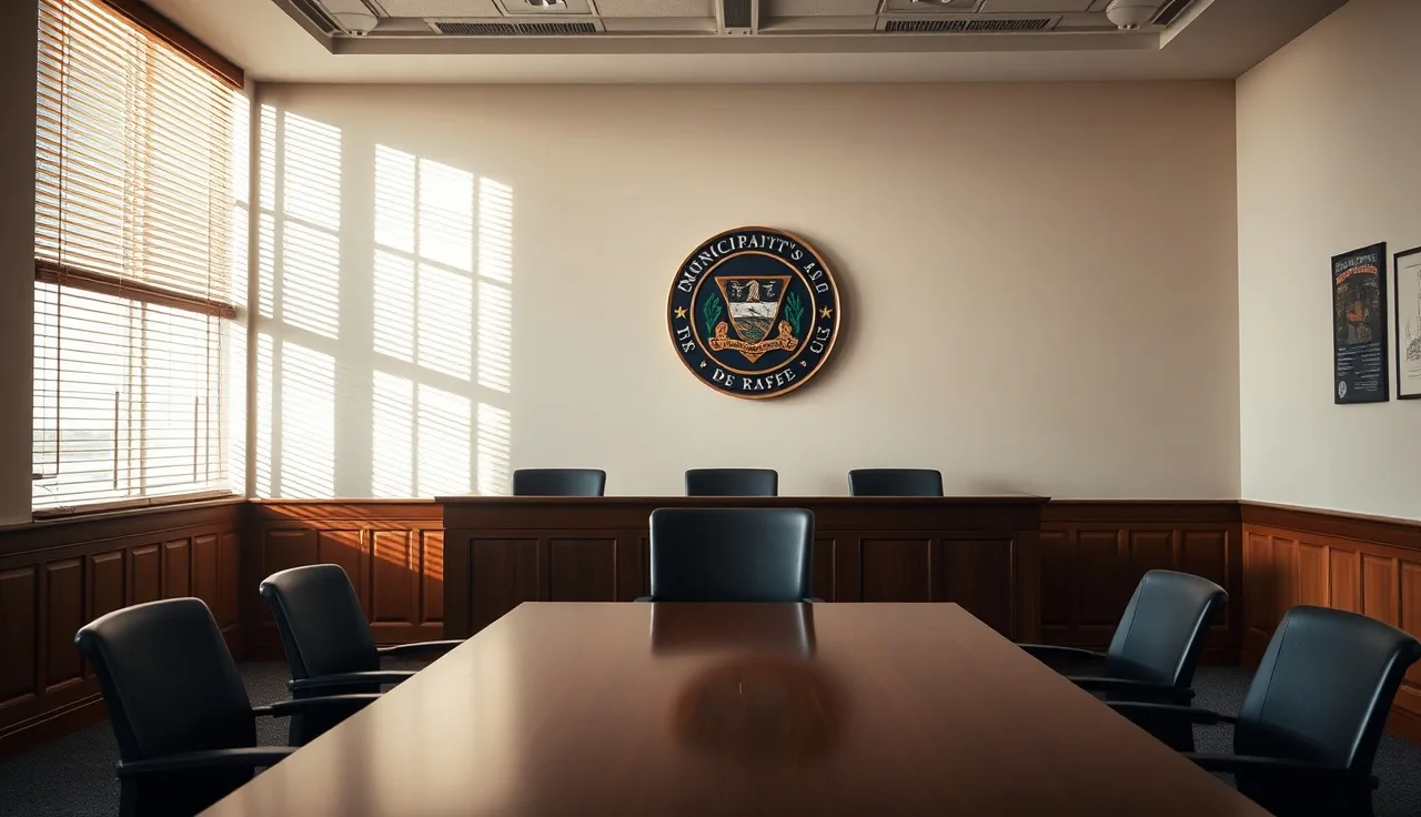 Empty municipal hearing room with panel table set up for a property tax appeal hearing