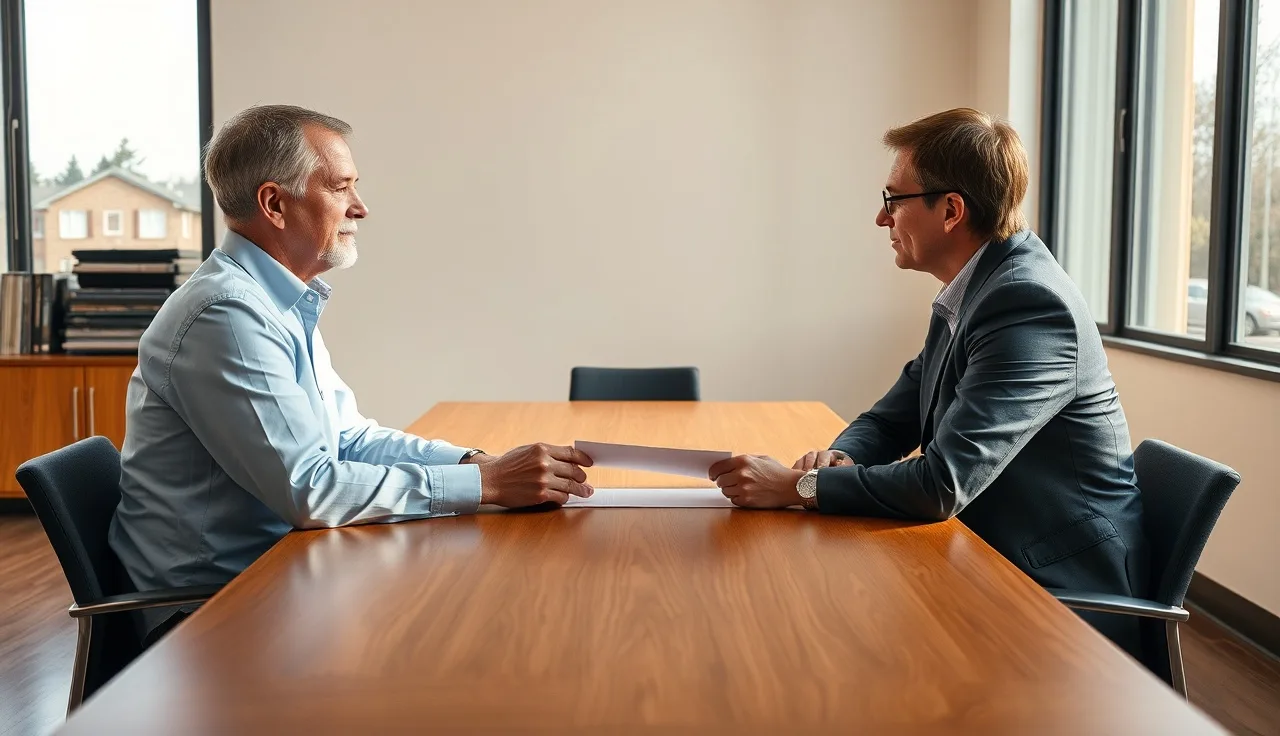 Two people reviewing a property tax settlement document at a county office table