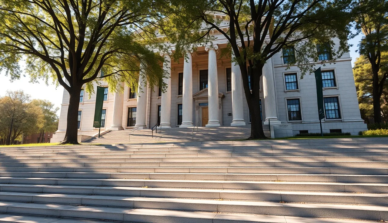 Stone courthouse steps in morning sunlight, representing property tax court proceedings