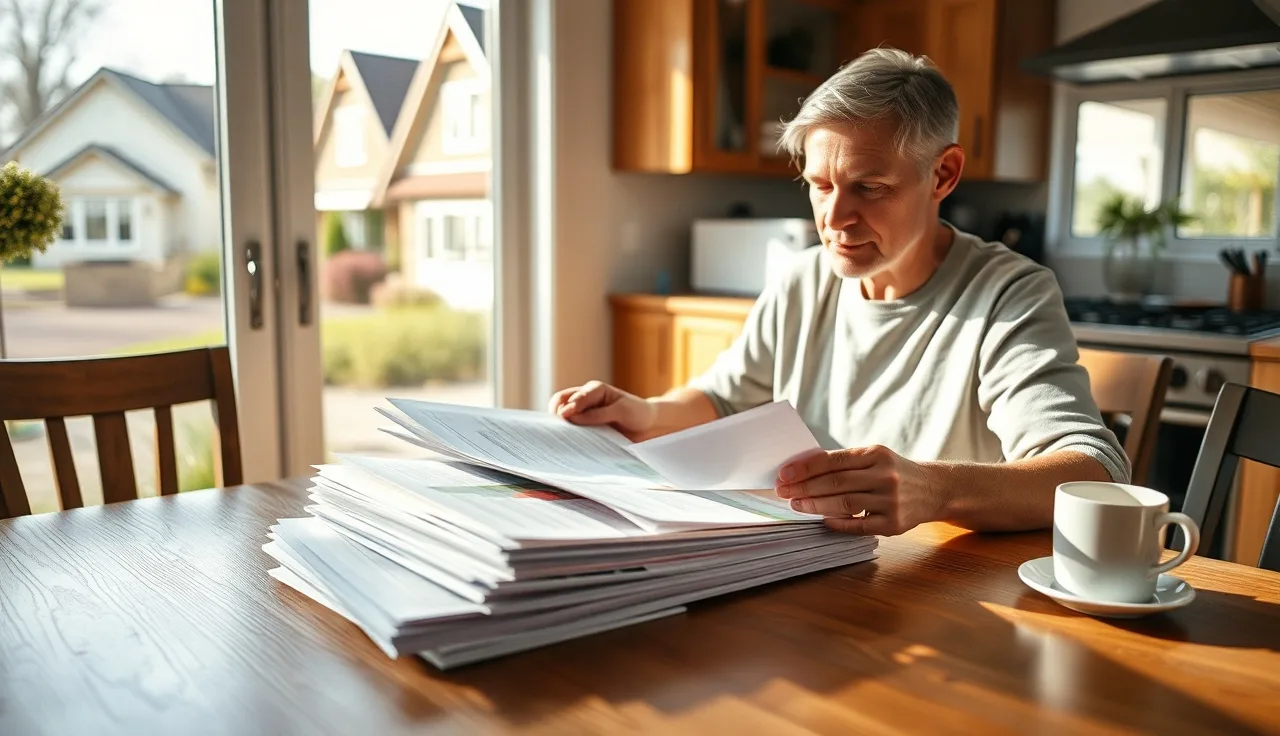 Homeowner organizing property tax appeal documents at a kitchen table