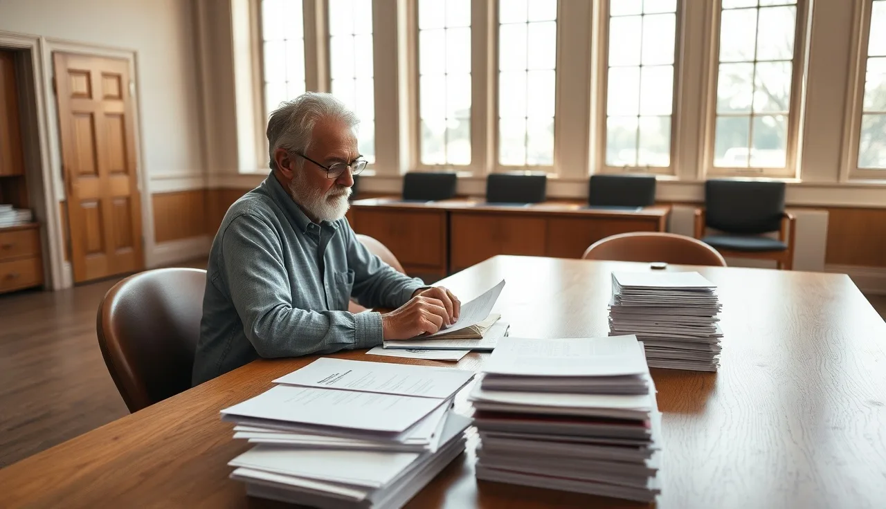 Homeowner organizing property tax appeal documents at a county hearing room table