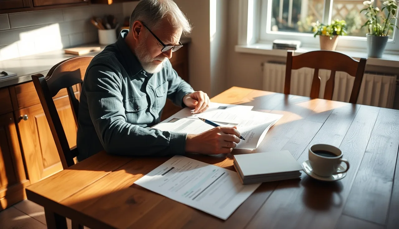 Homeowner reviewing property tax appeal documents at kitchen table