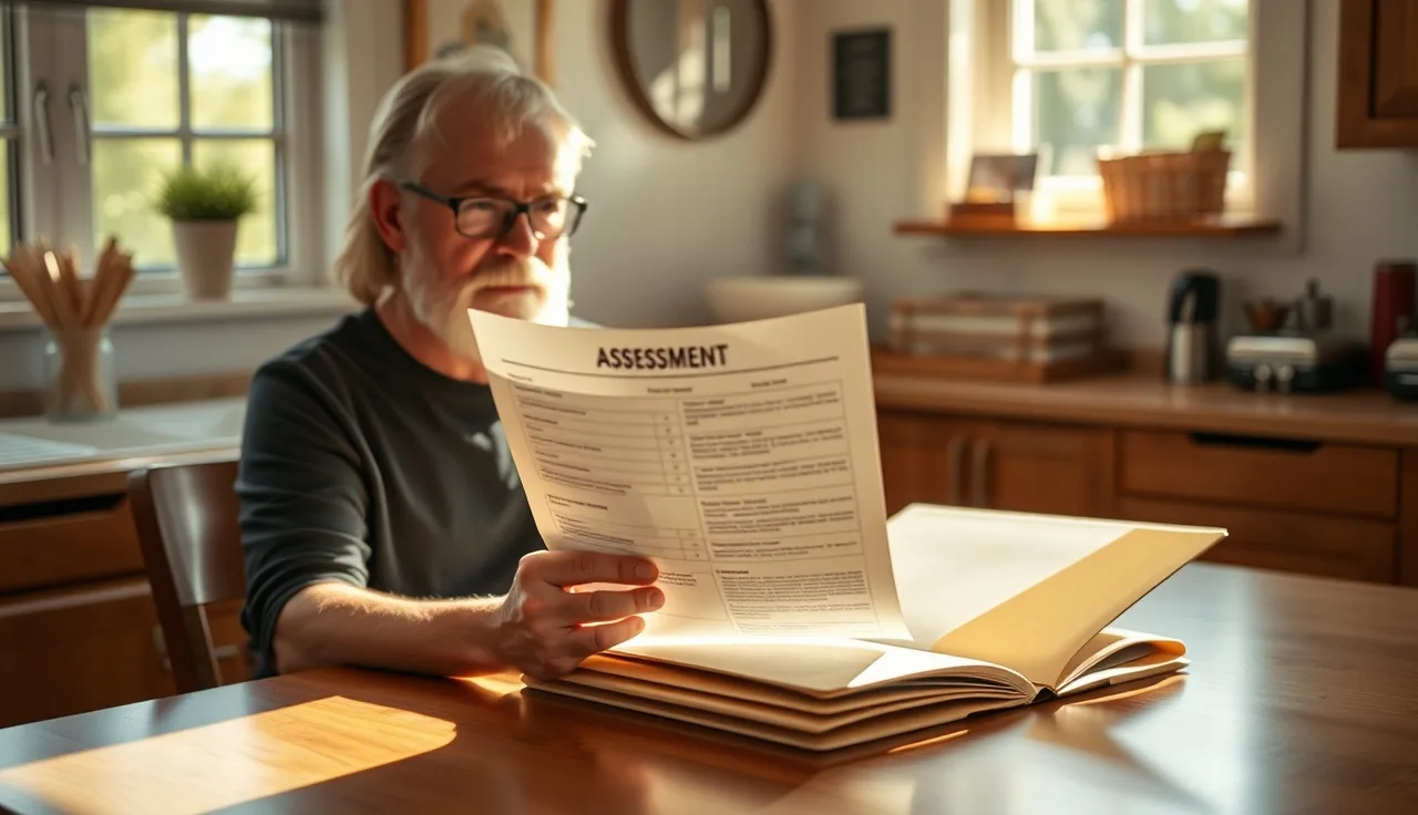 Homeowner comparing property assessment notice to closing documents at kitchen table