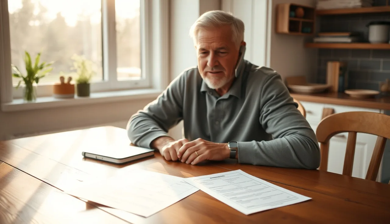 Homeowner on phone at kitchen table reviewing property assessment notice