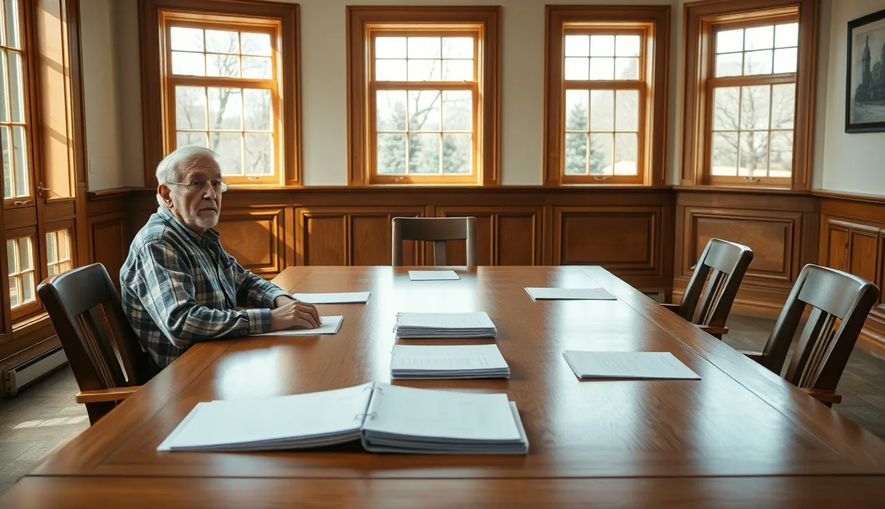 Homeowner seated at hearing table with organized folders before property tax appeal board