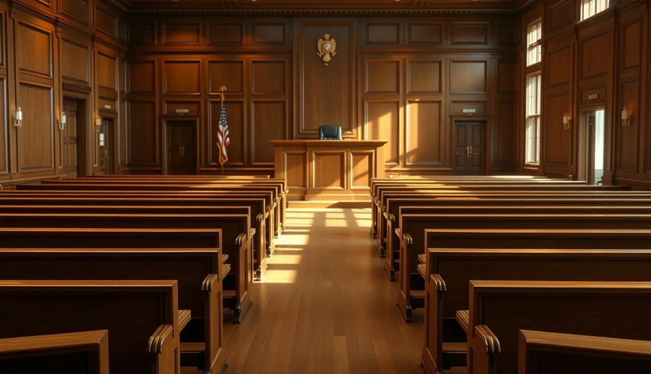 Empty courtroom with morning light and an open folder on the petitioner's table