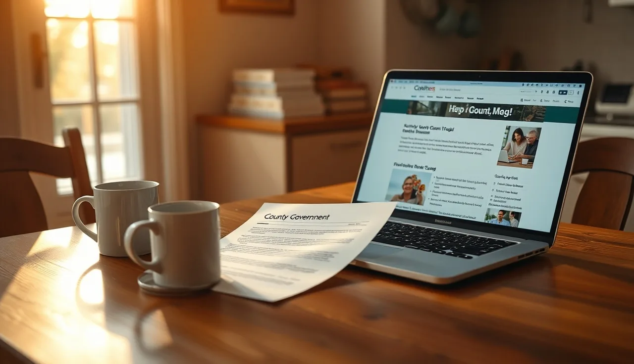 Homeowner reviewing property assessment notice at kitchen table with laptop open